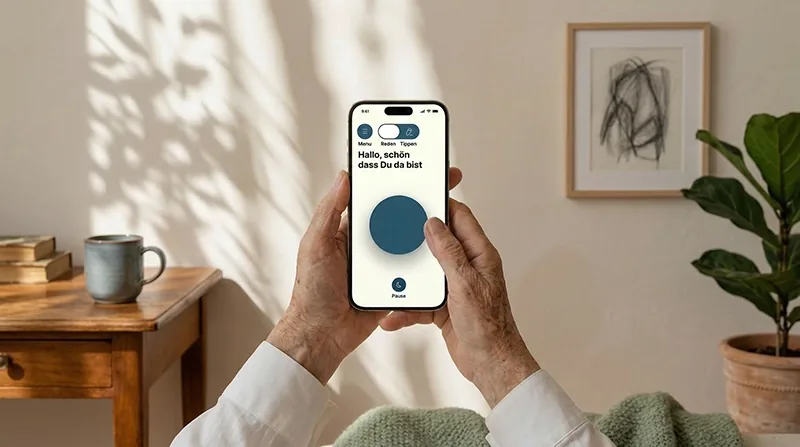 Ältere Frau hält ein Smartphone mit der Amara-App, die einen freundlichen Begrüßungstext zeigt